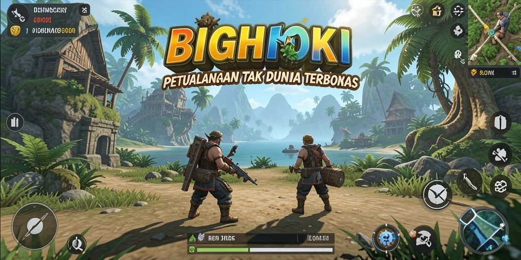 Tangkapan layar gameplay BIGHOKI menampilkan penjelajahan dunia terbuka yang luas.