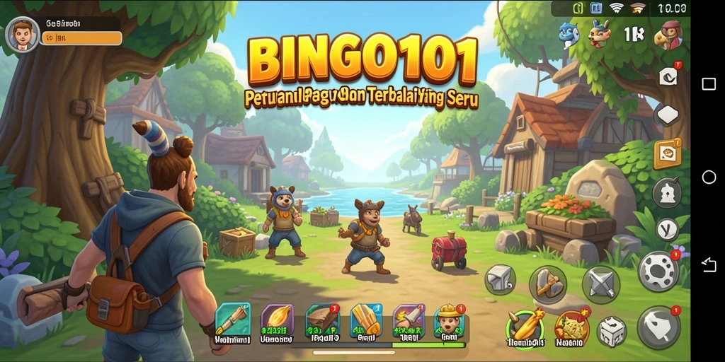 Screenshot gameplay BINGO101 menunjukkan dunia terbuka yang penuh warna.