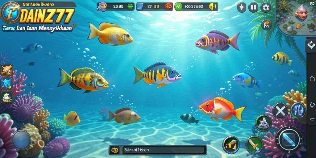 Tampilan layar permainan DAN777 dengan ikan warna-warni yang menunggu untuk ditembak.