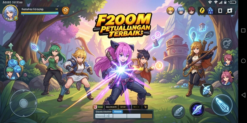 Tampilan gameplay menarik dari F200M dengan karakter anime yang dinamis.