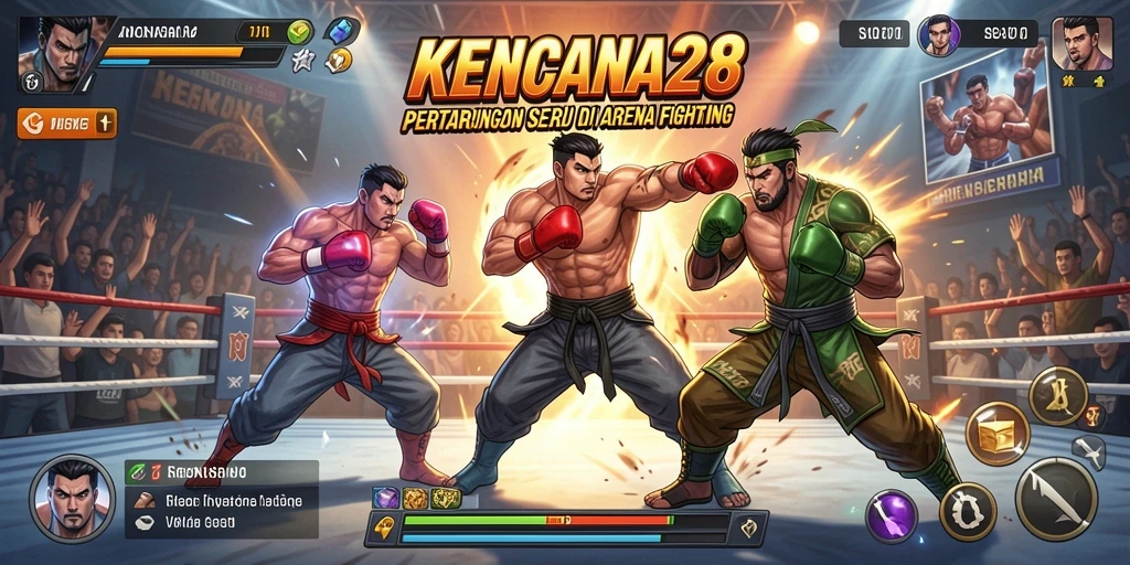 Tangkapan layar permainan KENCANA28 menunjukkan pertarungan seru dan karakter beragam.