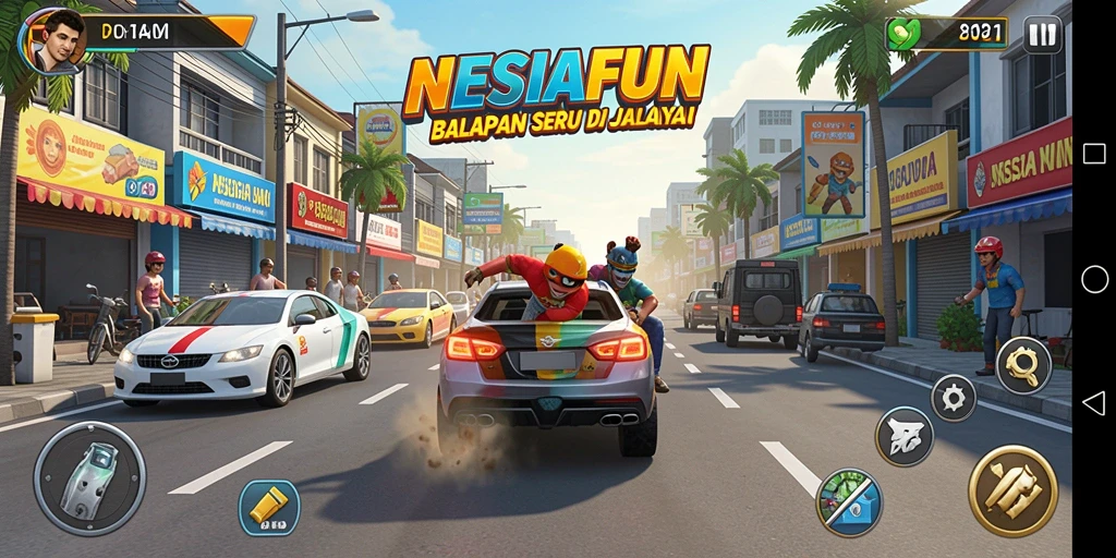 Screenshot gameplay NESIAFUN menunjukkan aksi balapan yang mendebarkan.